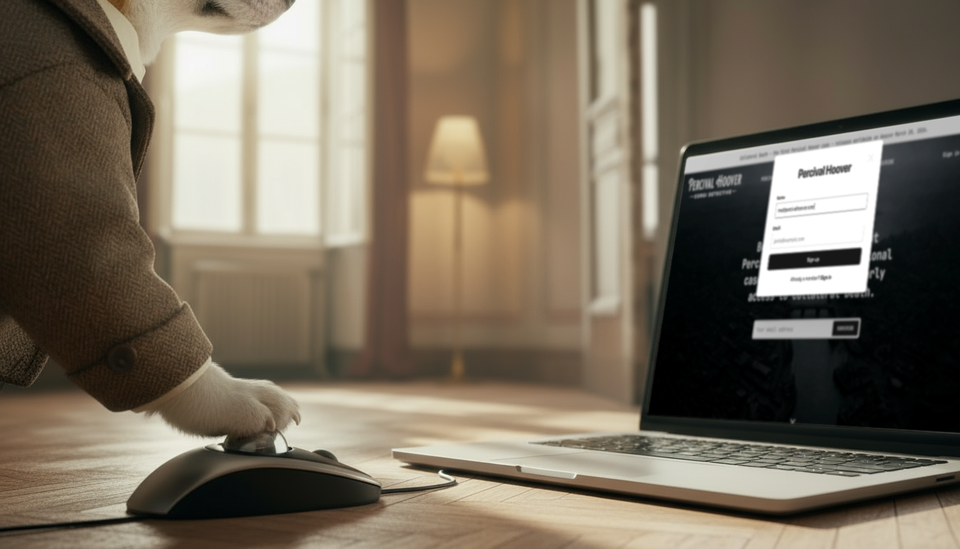 Percival Hoover, dressed corgi detective from Bellwick, operating a computer with a paw. From the British noir mystery Collateral Death.