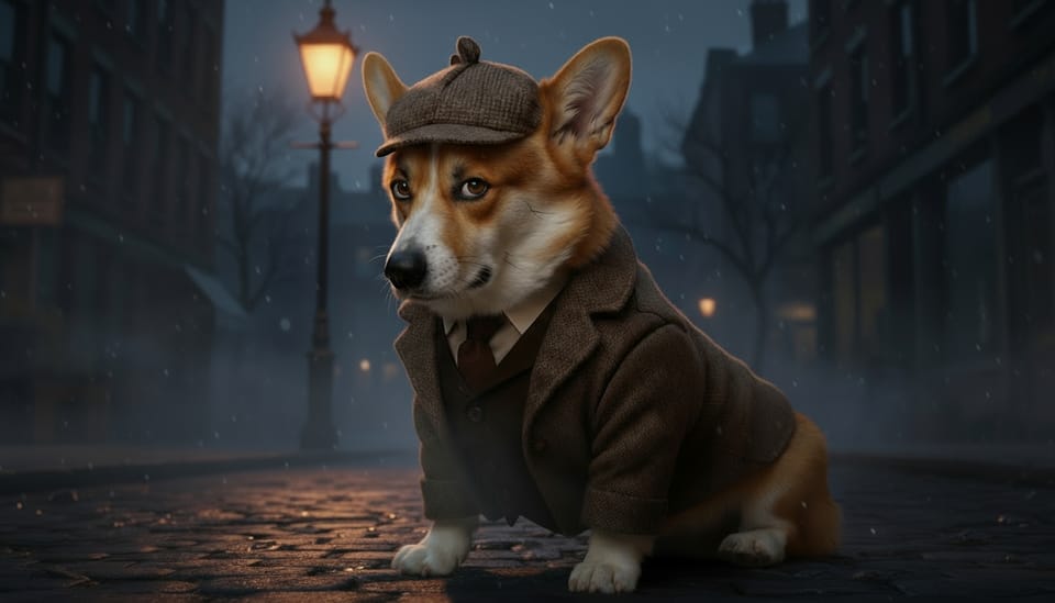 Percival Hoover, dressed corgi detective in Sherlock Holmes attire from the British noir mystery Collateral Death. A speaking Pembroke Welsh Corgi investigator from Bellwick.