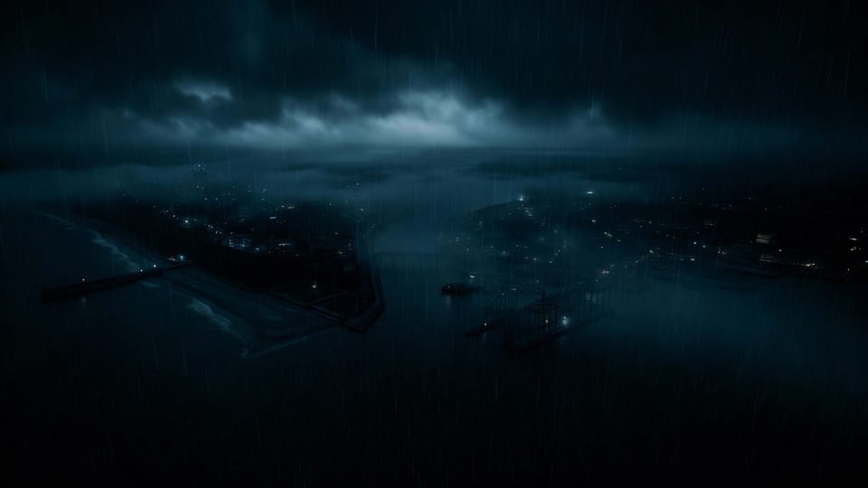 Bellwick coastal town at night, British noir mystery setting with rain, fog and docks from the psychological thriller Collateral Death by J. Kushley.