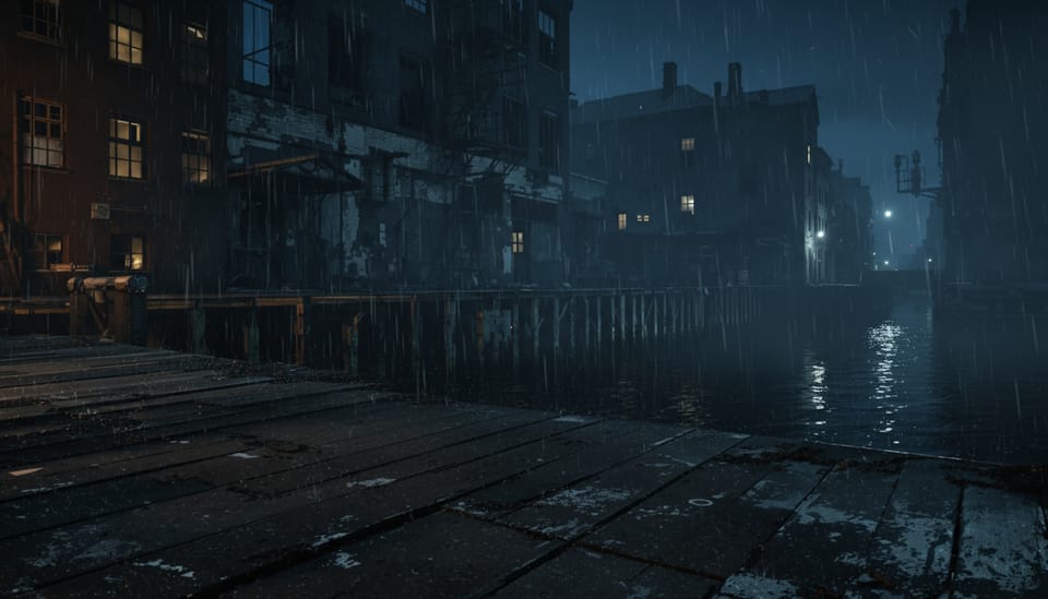 Bellwick docks at night in rain and fog, British noir mystery setting from the psychological thriller Collateral Death by J. Kushley.